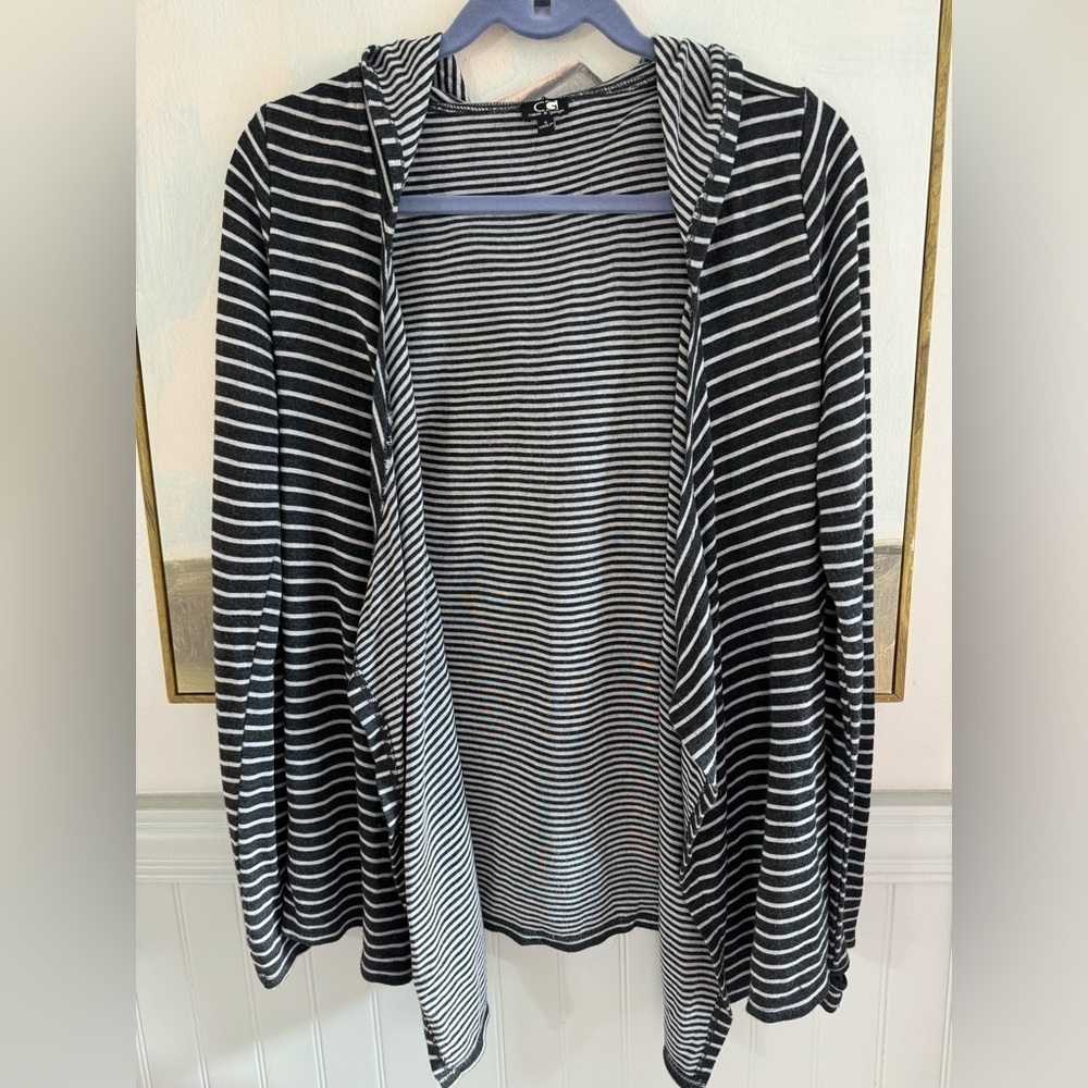 CABLE & GAUGE Striped Hooded Open Cardigan Thumb Holes Gray Size Small - Picture 1 of 8